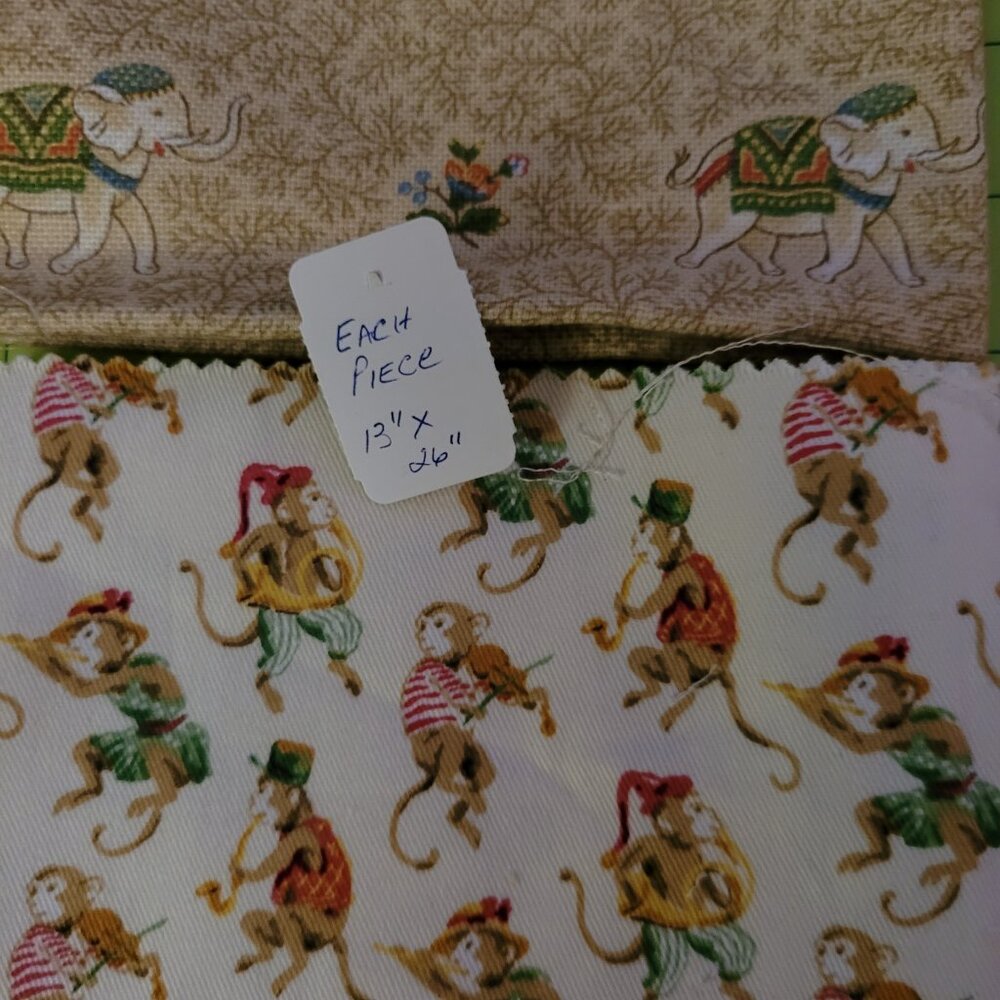 Circus Elephants & Monkeys Fabric Swatches Each Piece 13" x 26"
